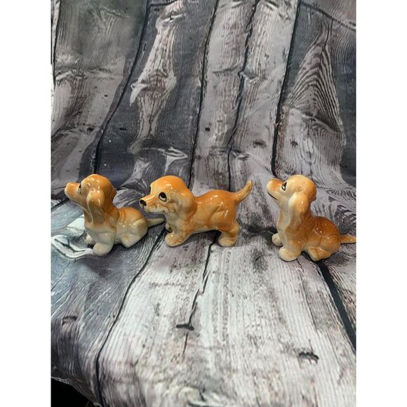 Vintage Set of 3 Ceramic Puppy Dogs Golden Brown Playful Big Eyes Sitting Stand - Picture 4 of 5